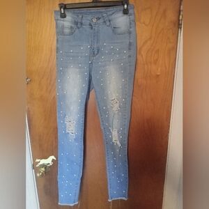 Light Blue Pearl-Embellished Skinny Jeans